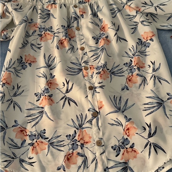 Iz Byer Women’s Floral Off-Shoulder Blouse – White with Pink & Blue Print, (S) - Picture 4 of 5